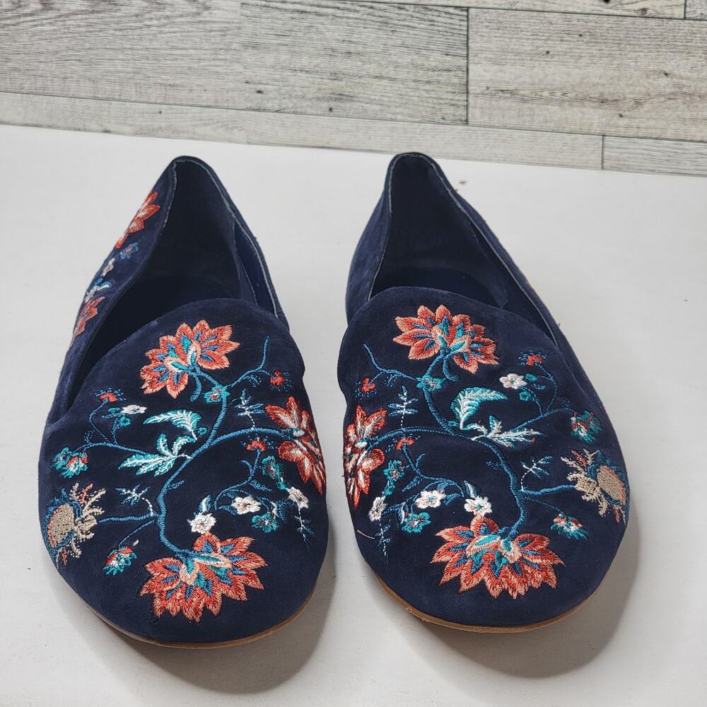 Cottagecore Women 7 Flats Slip On Blue Velvet Colorful Floral Embroidered Shoess